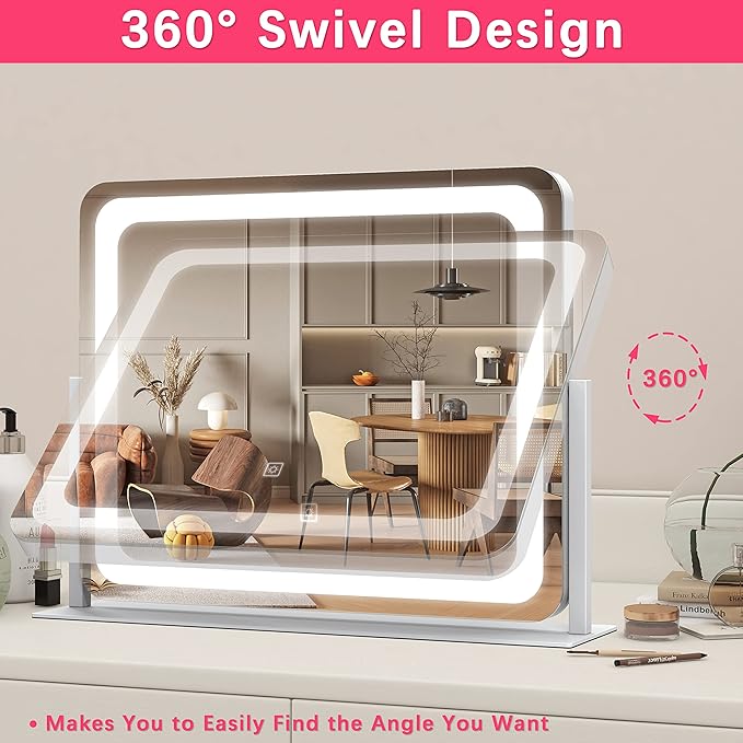 ROLOVE 22x17 Inch Lighted Vanity Mirror with Dimmable LED Lights - 3 Color Modes, Smart Touch Control & 360° Rotating Base - Desk Makeup Mirror (White)