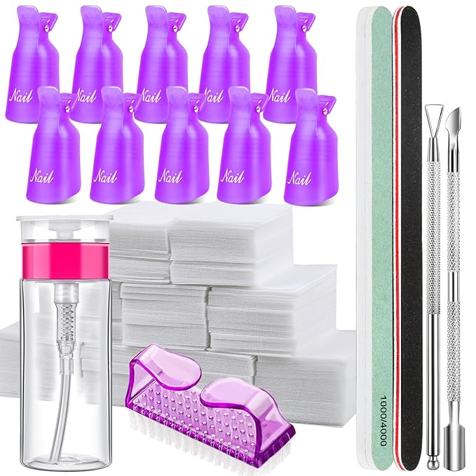 FANDAMEI Nail Polish Gel Remover Tools Kit, 10 Pcs Purple Nail Clips, 100ml Nail Polish Remover Bottle, 500 Pcs Remover Cotton Pad, Nail Brush, Cuticle Pusher, Cuticle Peeler, Nail File, Buffer Block