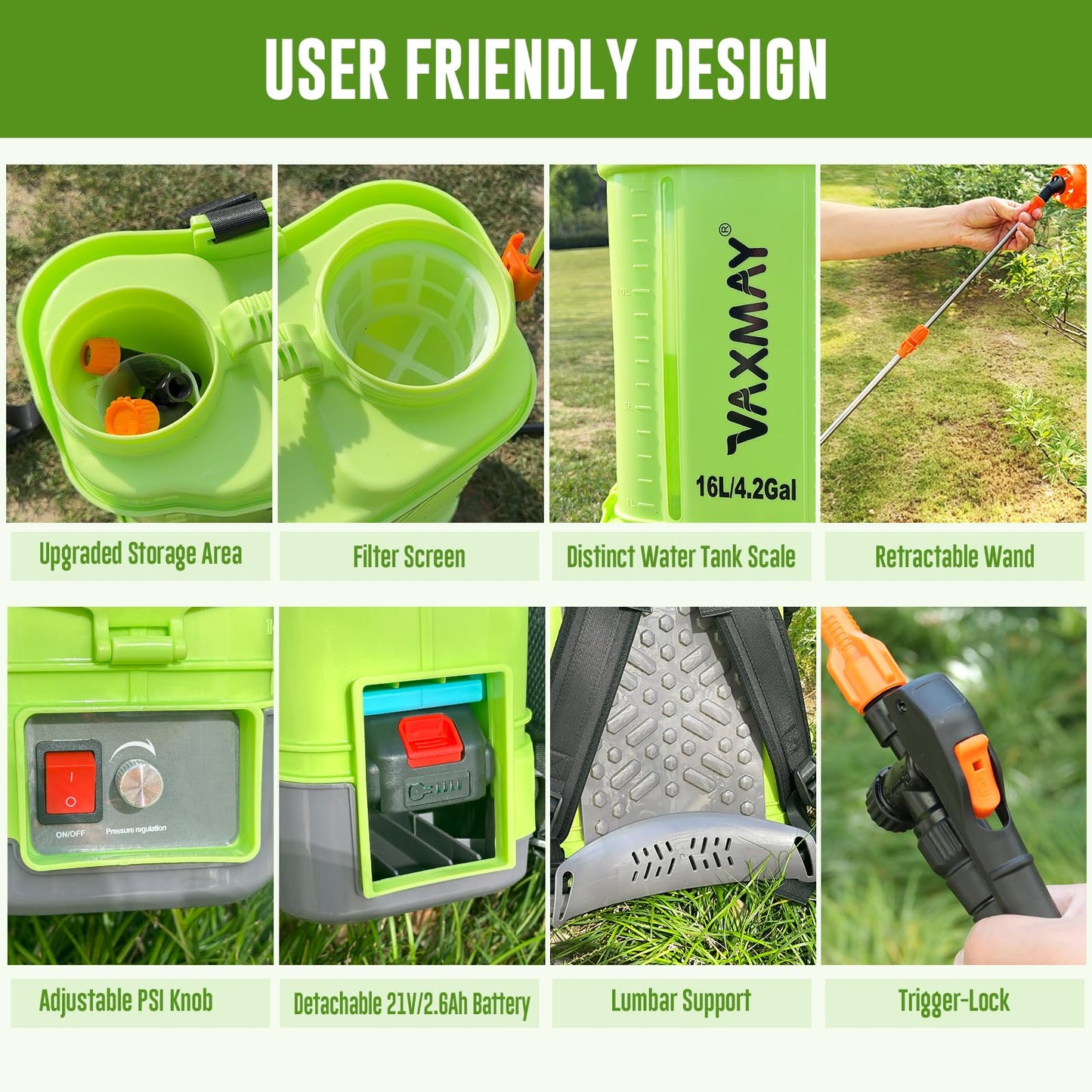 Battery Powered Backpack Sprayer 4 Gallon, VAXMAY 100 PSI Electric Garden Sprayer Works with Makita 18V Battery, Weed Yard Sprayer with Telescopic Wand, 5 Nozzles, 2.6 Ah Battery & Charger Included