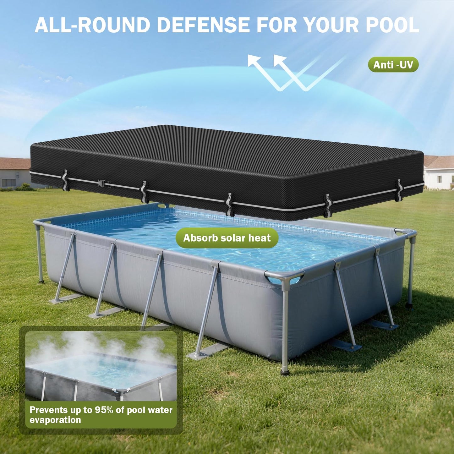 8x14Ft Rectangular Pool Cover, Swimming Pool Cover for Above Ground Pool, Solar Cover Including Full-Circle Windproof Buckle, Winter Cover Ideal for Waterproof and Dustproof
