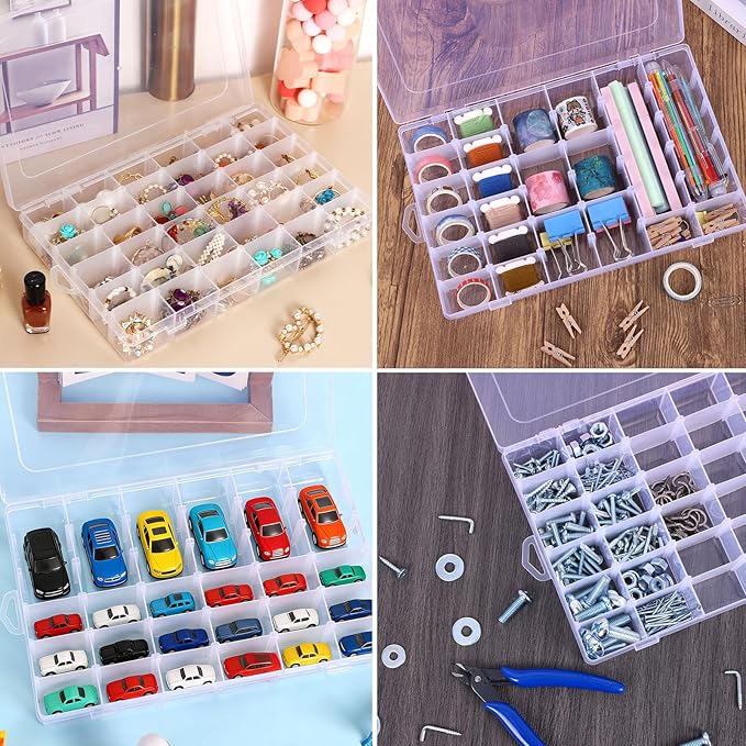 OUTUXED 8 Pack 36 Grids Clear Plastic Storage Boxes with Adjustable Dividers, Beads Storage Containers, Jewelry and DIY Crafts Organization, Screw & Hardware Sorting with 10 Label Stickers