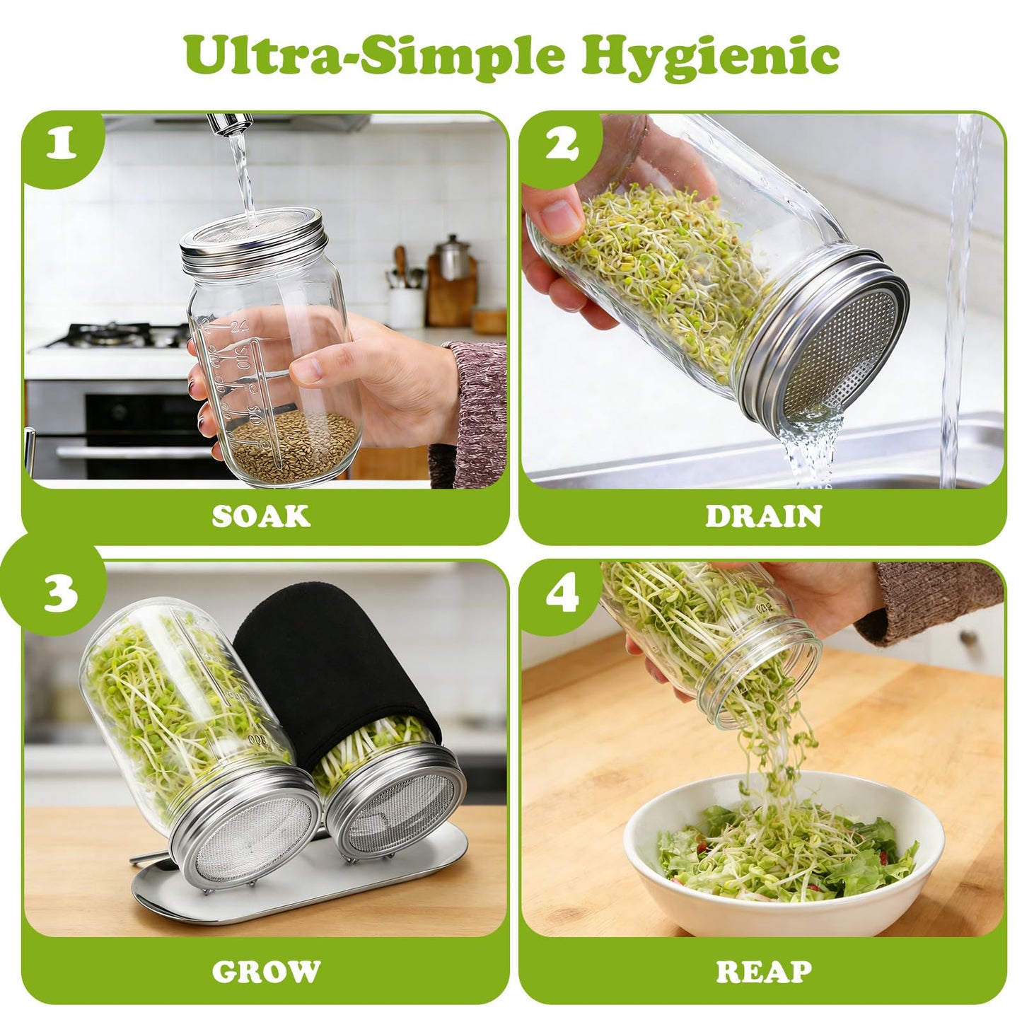 Palksky Sprouting Kit with Stainless Steel Screen Sprouting Lids & Glass Mason Jars & Light-Blocking Sleeves, 2Pack Premium Reusable Sprouts Growing Kit for Organic Broccoli Alfalfa Seeds Bean Sprouts