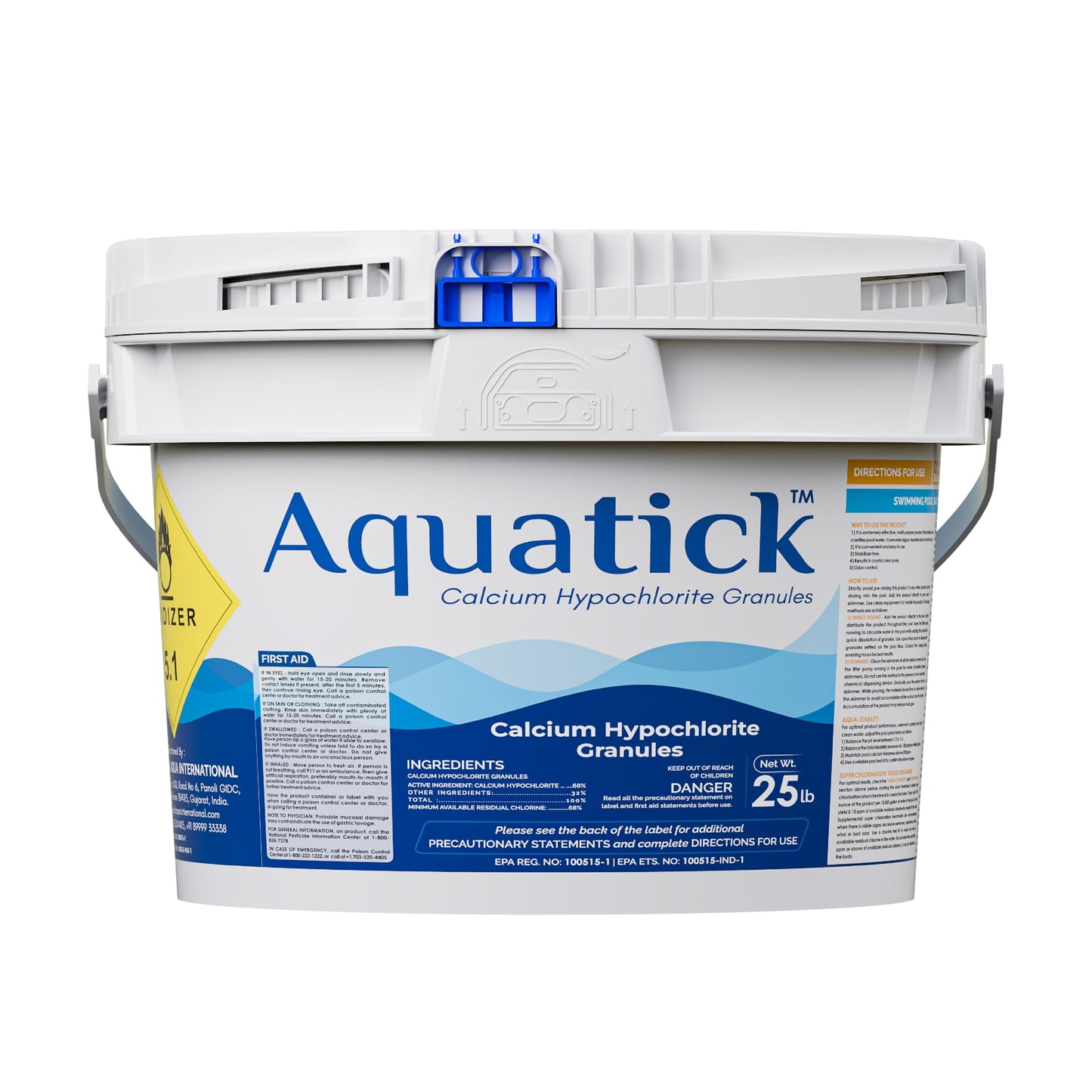 AquaTick 68% Calcium Hypochlorite Pool Shock for Swimming Pools – Chlorine Granules 25 lbs Bucket – Pool Chlorine for Inground and Above Ground Pool Treatment – Non-Stabilized Shock Treatment