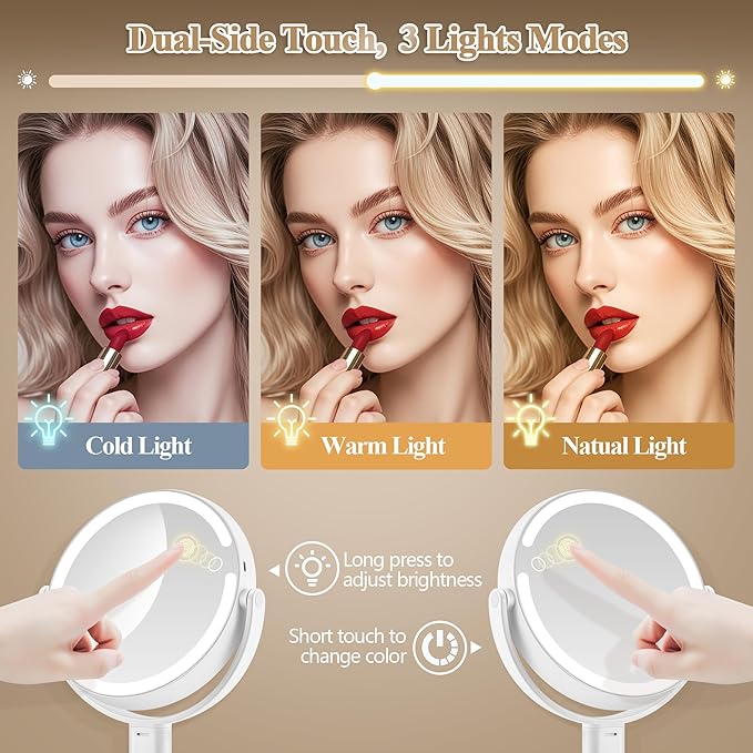 Makeup Mirror with Lights, Double Sided 1x/20x Magnifying Mirror with Light, Rechargeable 3 Color Lights and Adjustable Brightness, 360° Rotation Detachable Comes with Tweezer(White)