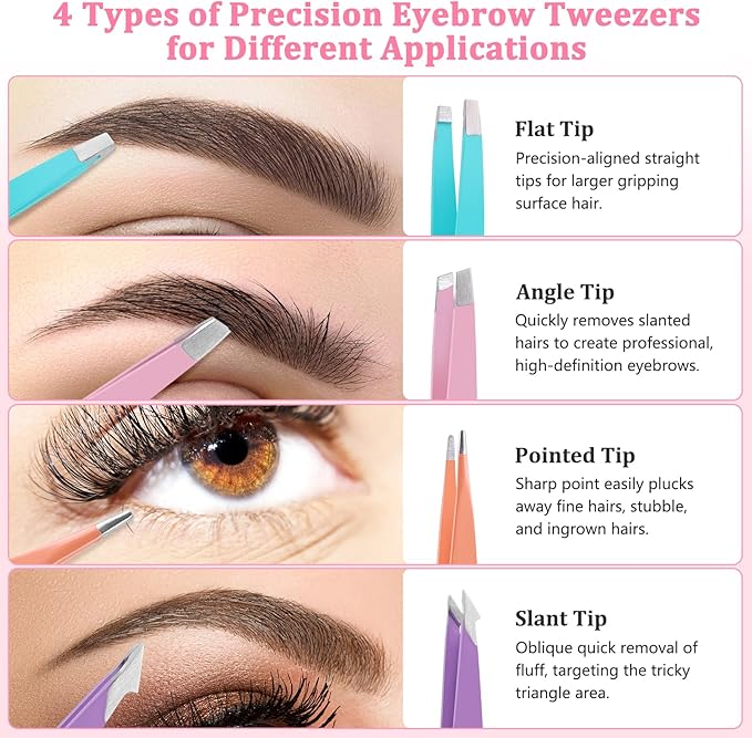 NICEMOVIC 7 Pcs Tweezers Set for Women Facial Hair, Tweezers for Eyebrows with Scissor & Brush, Easter Basket Stuffers for Women Teen Girls, Mother's Day Gifts, Stocking Stuffers Christmas Gifts