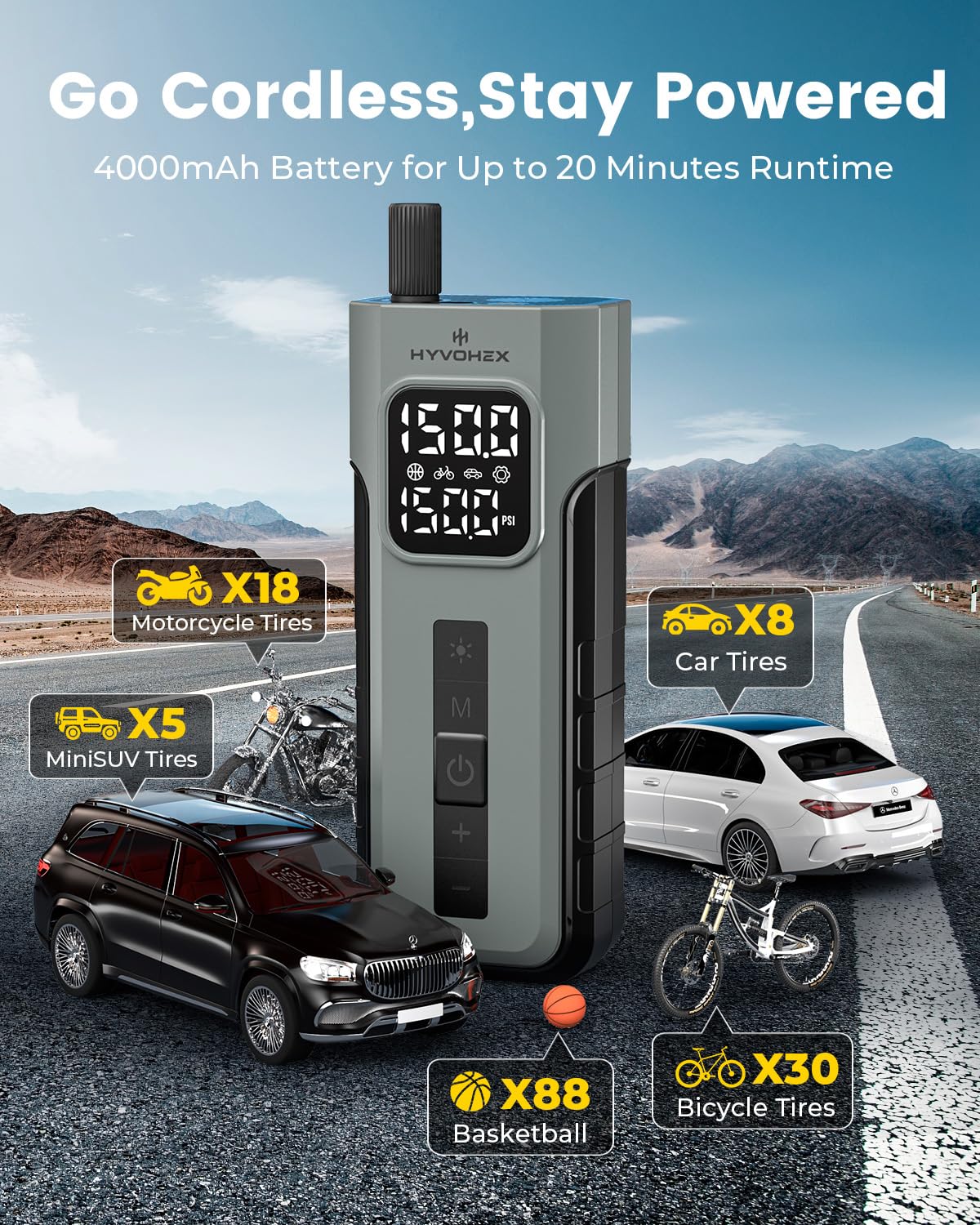 Tire Inflator Portable Air Compressor, 1 Min Fast Inflation Cordless Bike Pump with Digital Pressure Gauge LED Light, 150 PSI Electric Air Pump for Car Tires, Bicycle, Motorcycle, Ball (Grey)