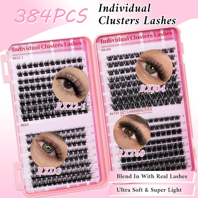 RITALASH Lash Clusters Kit with Lash Bond and Seal DIY Lash Extension Kit Cluster Lashes Mixed Tray Eyelash Extension Kit Soft Thin Band Individual Lashes,Lash Tweezers,Mascara Brush(RX Kit,9-16mm)