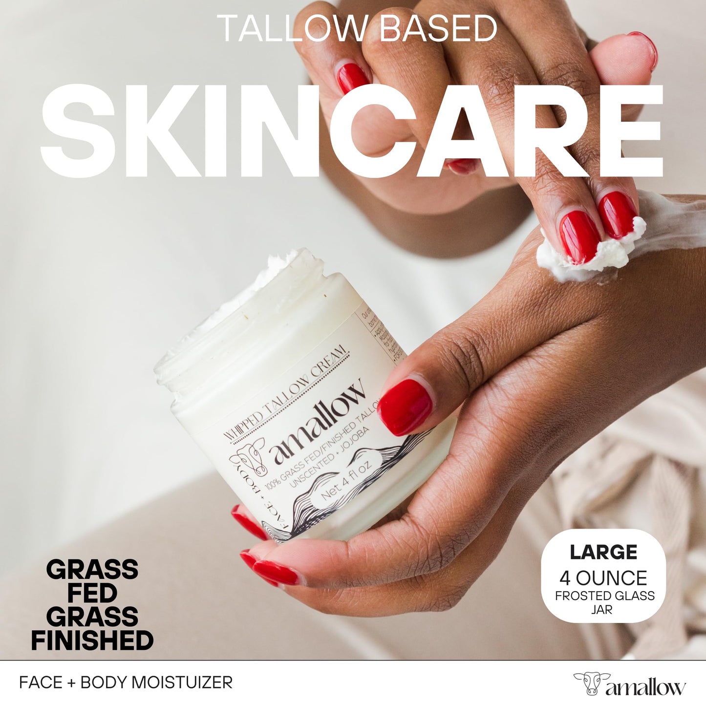 Amallow 100% Grass Fed Beef Tallow for Skin Care - Face + Body - Whipped Moisturizer for Sensitive Skin - Natural Lotion, 4 FL. oz. (Unscented + Jojoba Oil)