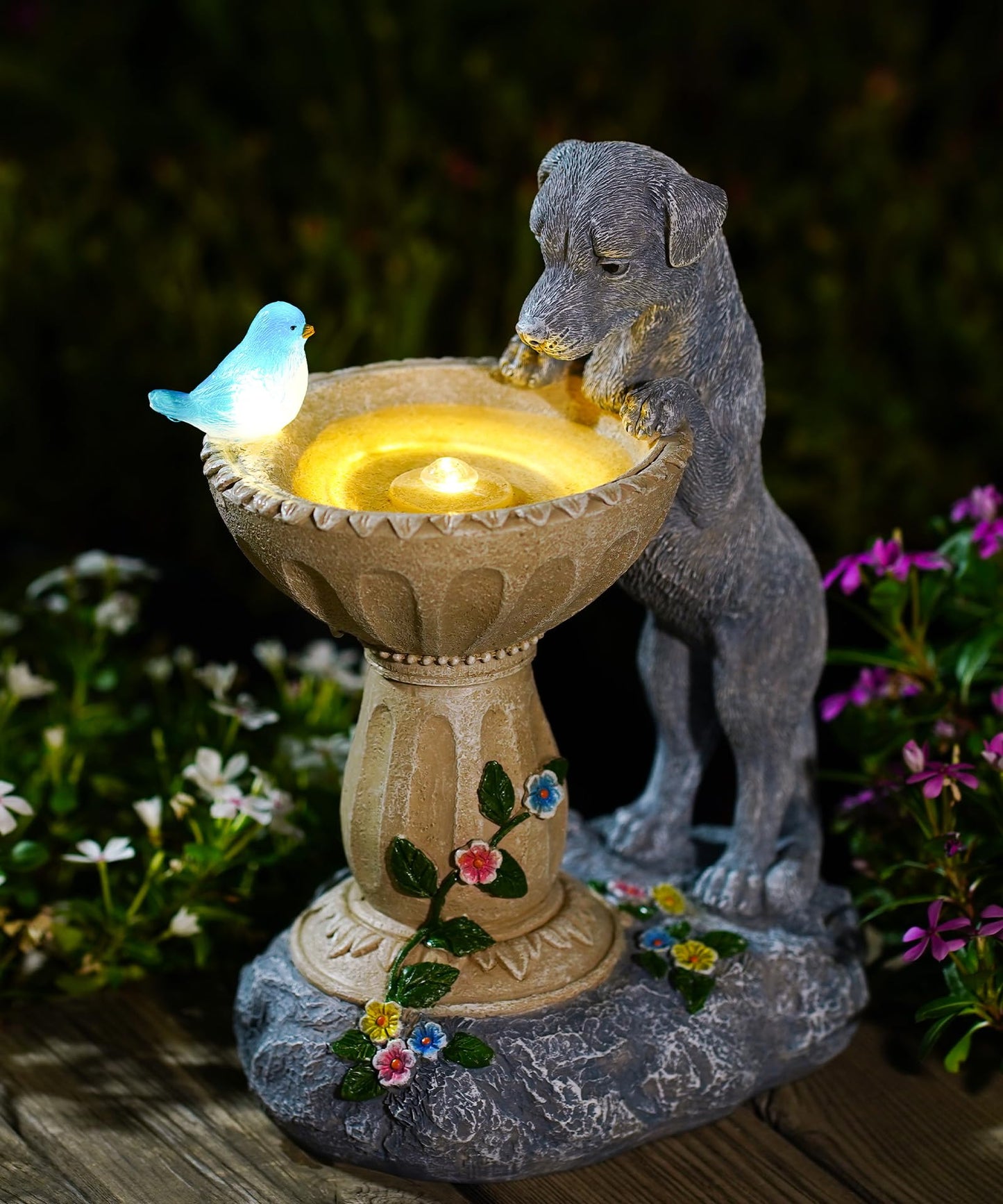 Nacome Solar Dog Statue for Garden Decor: IP65 Weatherproof Resin with Automatic Lighting - No Installation- Outdoor Yard Patio Balcony Art - Birthday Gifts for Bird Lovers Mom Grandma Women