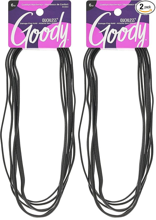 GOODY Women's Ouchless Hairband, 6 Count, Pack of 2 | Thin Hair | Flat | Narrow | Black