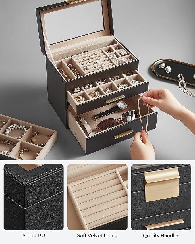 SONGMICS GISELLA Collection - Jewelry Box Organizer, 4-Layer Jewelry Storage with 3 Drawers, Shiny Metal Hardware, Glass Lid, Modern, 6 x 9.9 x 8.5 Inches, Ink Black and Gold Color UJBC161B02