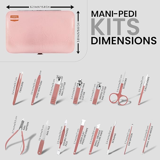 Utopia Care - Manicure Kit for Women and Men, Manicure Set with Nail Clippers or Nail Kit Includes Fingernail & Toenail Clippers,16Pcs Pedicure Kit Stocking Stuffers with Travel Case - Pink