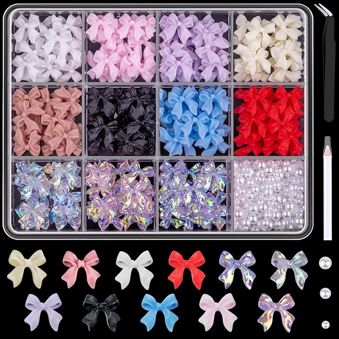 600 Pcs Bow Nail Charms and Flatback Pearls Set 2, 11 Colors Shiny Cute Bow Charms Nail Jewels and 2-4mm White Nail Pearls for Nail Art DIY Decoration with Pickup Tools