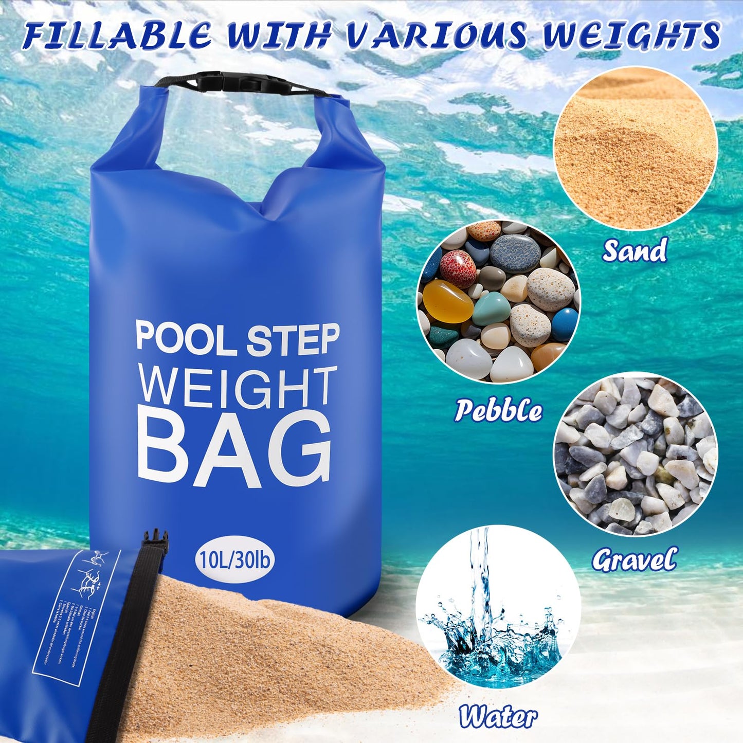 4 Pack 10L/30lb Universal Pool Step Weights 500D PVC Waterproof Swimming Pool Ladder Weights No Breaken Above Ground Pool Ladder Sand Bags, Foldable Pool Stair Weights for Pool Steps(Blue-4PCS)