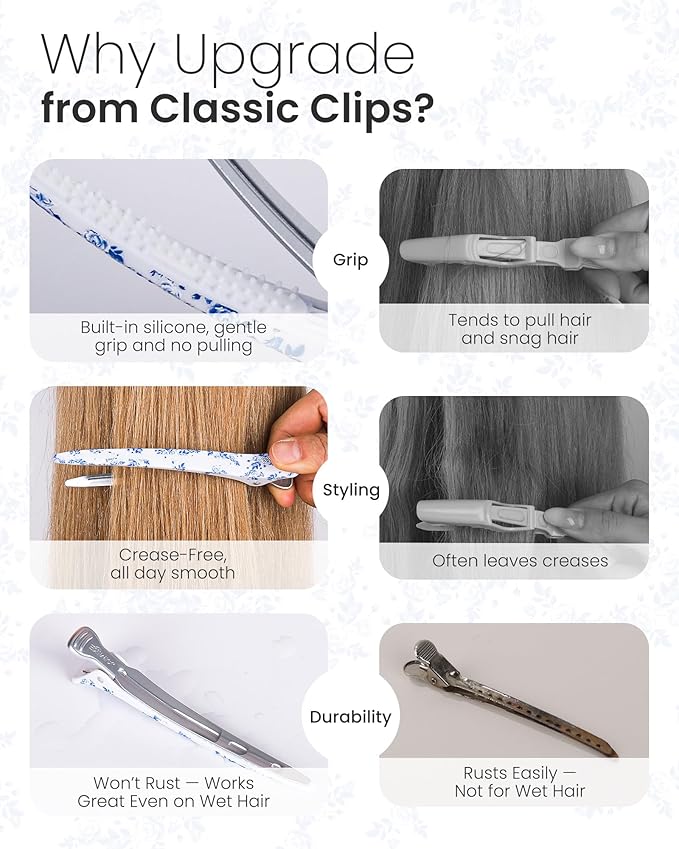 AIMIKE 4.8" Porcelia Qing Clips for Styling – Built-In Silicone Band Duckbill Hair Clips, No-Crease Non-Slip Sectioning Clips for Thick, Curly Hair, Ideal for Makeup, Hairstyling & Rollers, 4-Pack