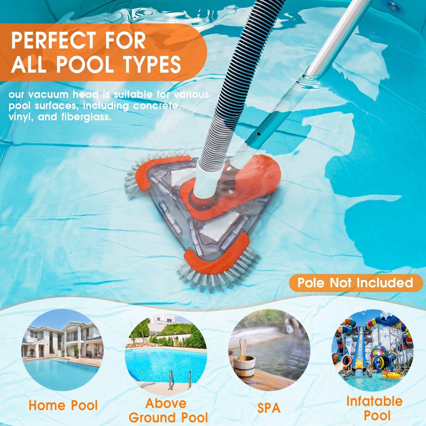 TidyMister Pool Vacuum Head with Side Brush,Universal Steering Handle & Universal Rotatable Hose Adapter,Swimming Weighted Pool Brush Vac (Safe for Vinyl Liner Pool) for Inground & Above Ground Pools