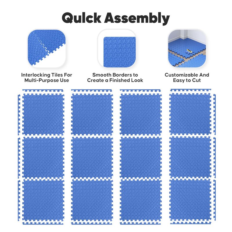 32 Pack Home Gym Mat, Puzzle Exercise Mat,EVA Interlocking Foam Floor Tiles for Home Workout Equipment and Kids' Play Areas - Blue, 24 in x 24 in x ½ in - 32 Tiles (Blue, 32 Pack 128 sq ft)