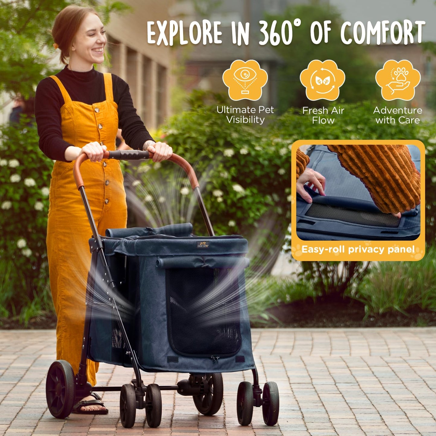 CANINE CANYON Scout Pet Stroller, Heavy Duty Dog Stroller for Large/Medium Dogs, Foldable Pet Stroller for 2 Small Dogs with All-Terrain Wheels, Storage Pocket & Cup Holder, 55 lbs Capacity, Navy Blue