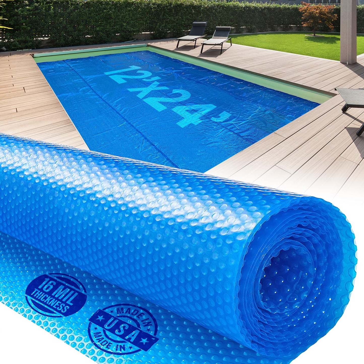 Shop Square 12 x 24 Foot Rectangle Solar Pool Cover for Inground and Above Ground Pools, 16 Mil - Premium Heavy Duty Solar Blanket for Above Ground Pool, Blue - Made in USA