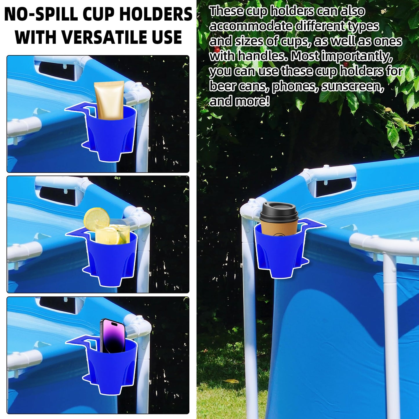 TonGass (6-Pack, Blue) Poolside Cup Holders Compatible with Above Ground Pools with 2 Inches or Thinner Round Top Bars - Strong and Durable Easy to Use Clip-On No-Spill Cup Holders