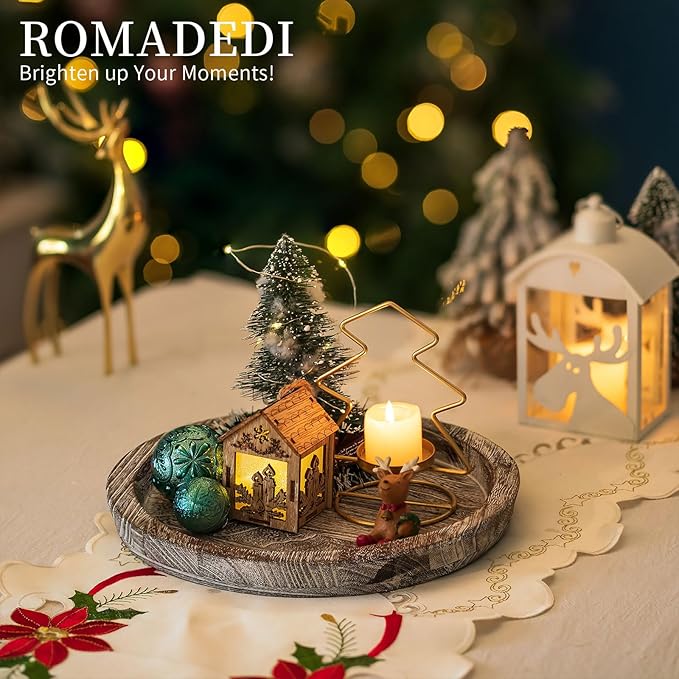 Wooden Decorative Tray Candle Holder: Romadedi Round Wood Tray Home Decor, Whitewash Rustic Trays for Farmhouse Dinning Table Kitchen Countertop Coffee Table Wedding Centerpiece, 11inch, Size L
