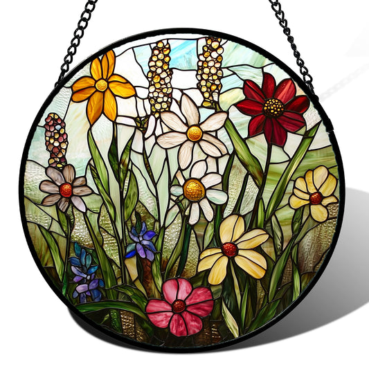 DASTOLL Stained Glass Window Hanging, Colorful Wildflowers Plant Scenery Suncatcher for Doors Window Home White Green Sun Catchers Decor Mother's Day Birthday Gifts for Women, Men Mom 7.8 in