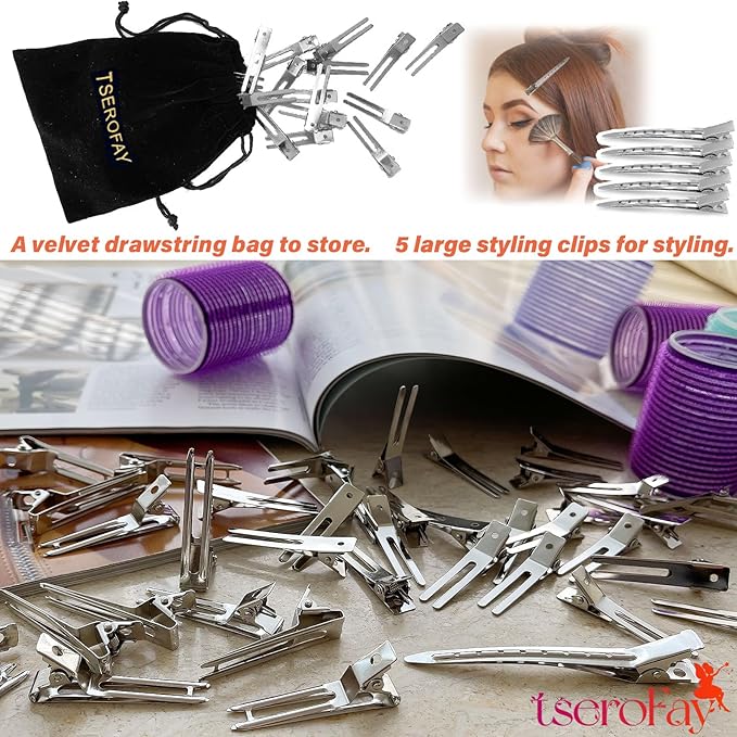 65 Pcs Metal Silver Hair Clips for Women Pin Curl Roller, 1.8” Double Prong Root Lift Clips for Curly Hair Volume, Locs Retwist Dreads, Curler Setting Clippies for Thick Styling Sectioning