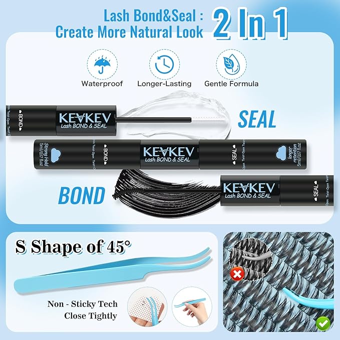 KEVKEV Lash Clusters Kit 144pcs Flora Lashes Clusters 8-18mm Lash Extension Kit Thin Band Eyelash Extension Kit Lash Clusters with Lash Bond and Seal Eyelash Clusters Kit DIY Lash At Home(Kit-K03)