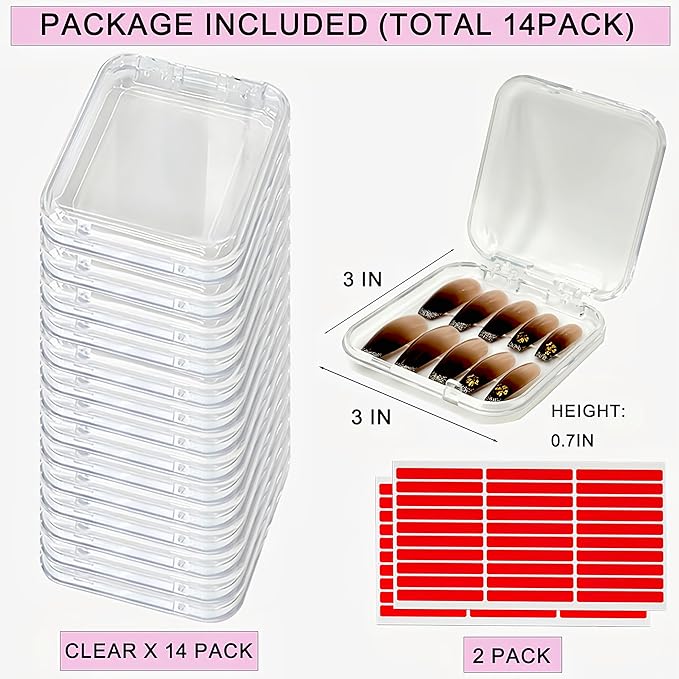 14 Pcs Press On Nail Packaging Box Press on Nail Storage Box for Press Ons with 60 Pcs Adhesive Double Sided Tape for Fake Nail Storage Case Nail Display Nail Salon Supplies Nail Art Business (Clear)