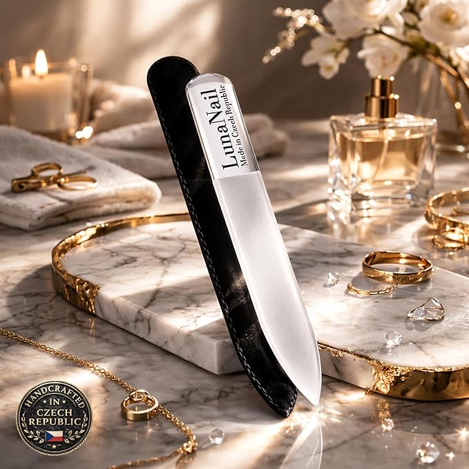 Nano Czech Glass Nail File & Buffer 2-in-1, Velvet Case, Crystal Polisher, Mirror-Shine, Keratin-Sealing, Travel Friendly