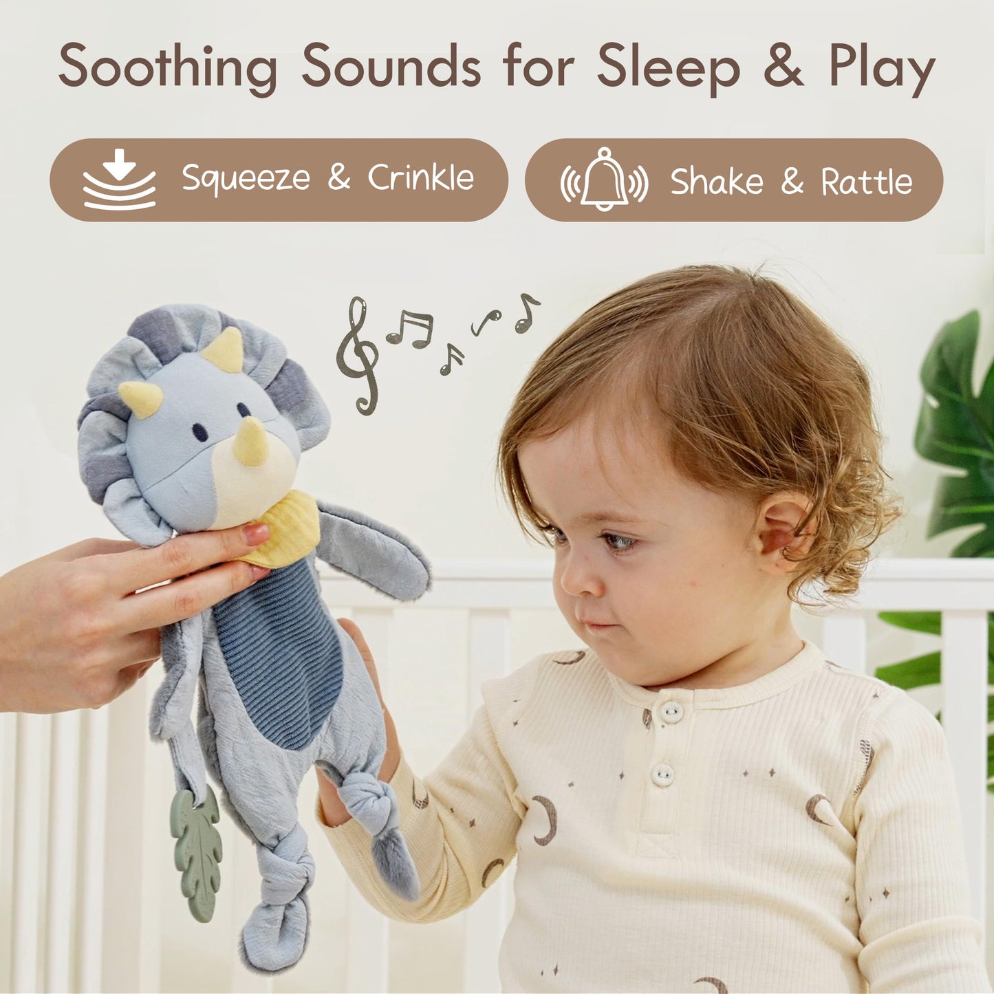 Moonkie Baby Lovey with Silicone Teether, Dinosaur Security Blanket with Textured Ribbons, Crinkle Toys, Soft Minky Velour & Natural Cotton, Newborn Boys Gifts for Baby Shower & Birthday