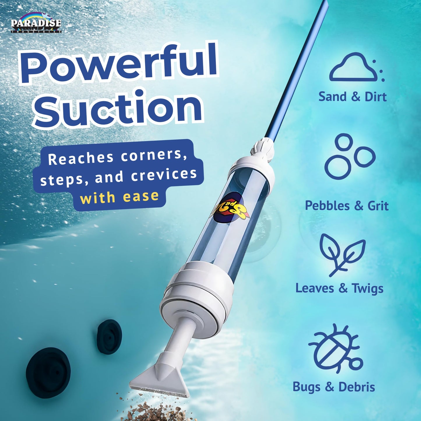 Rola-Chem 6250 Paradise Power Spa Vacuum – Manual Spa Vac for Hot Tub, Pool Stairs & Spas – Cordless Hot Tub Vacuum Cleaner with Telescopic Handle – Powered by Physics