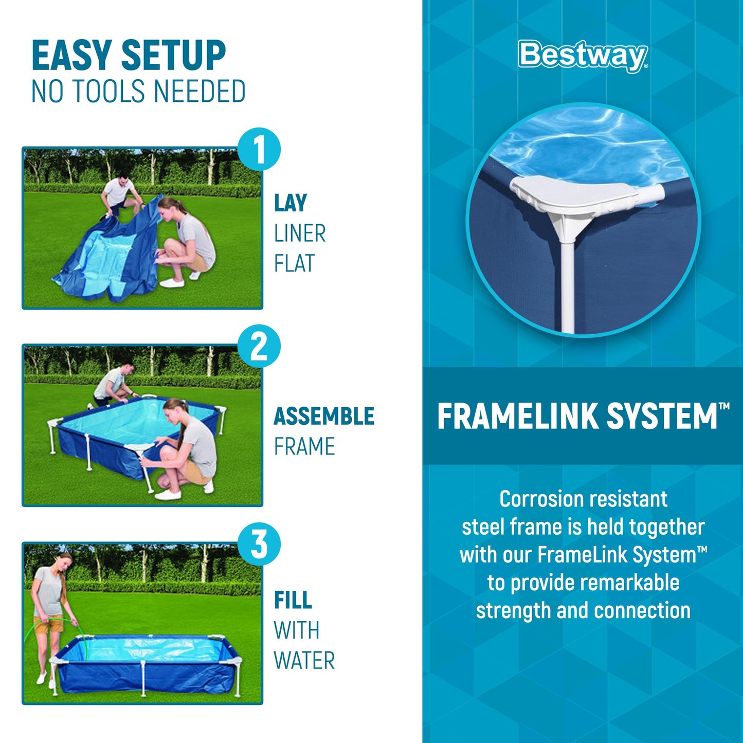 Bestway Steel Pro 87 Inch x 59 Inch x 17 Inch Rectangular Metal Frame Above Ground Outdoor Backyard Swimming Pool, Blue (Pool Only)