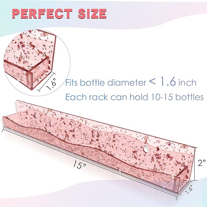 YMVV 15" Acrylic Nail Polish Organizer - Wall Mounted Shelf with Iridescent Glitters Sequin Inside - Great Display for Salons & Retailers (6 Pack)