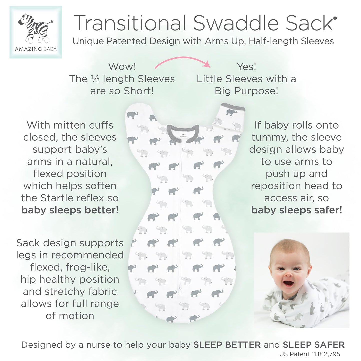 Amazing Baby Transitional Swaddle Sack, Arms Up Half-Length Sleeves & Mitten Cuffs, Swaddle for Newborn Transition to Baby Sleep Sack Wearable Blanket, Medium, 3-6 Month, 14-21 lb, On Safari