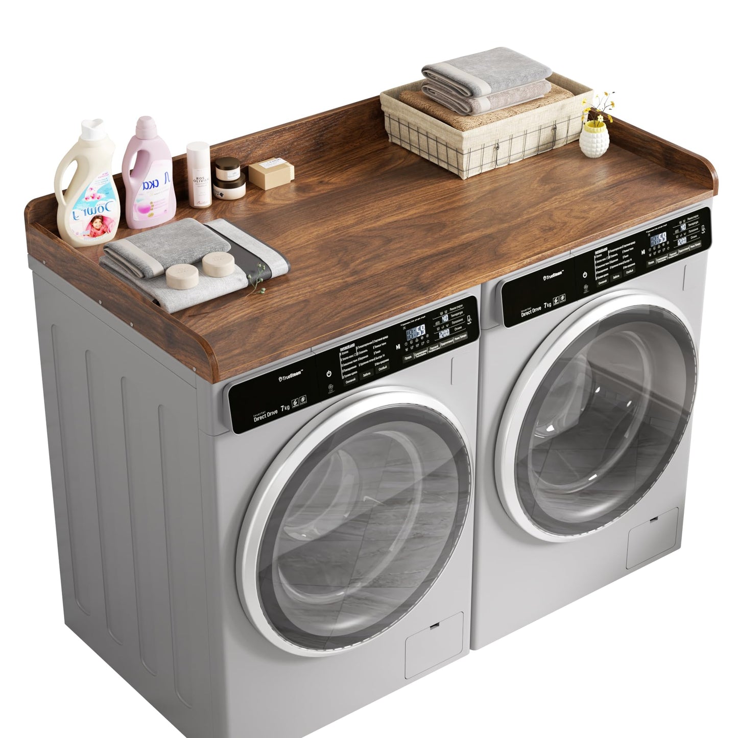 DTK Washer Dryer Countertop, Wood Topper with Edge Rails, Washer and Dryer Countertop with Anti-Slip Strips, 54" Width x 27.5" Depth Cover for Laundry Room Organization and Storage, Walnut
