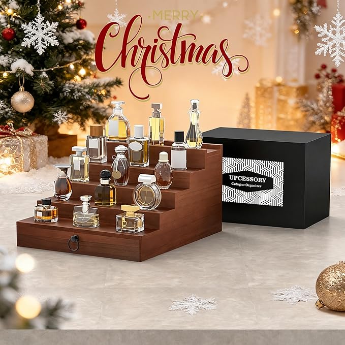 upcessory Cologne Organizer for Men, 5 Tier Black Wood Perfume Organizer with Felt Lining Drawer and Hidden Compartment, Perfume Display Holder, A Gift for Men
