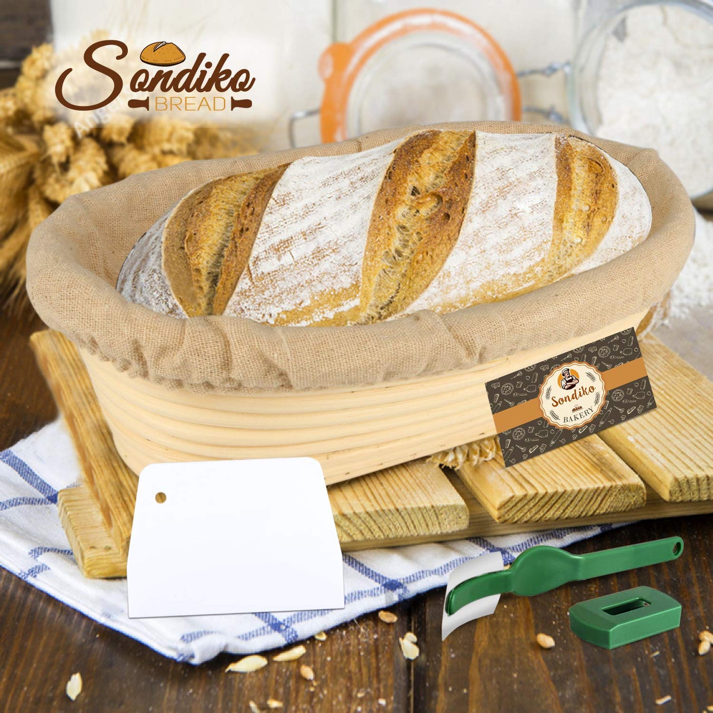 Sondiko Oval Sourdough Proofing Basket 2 Pack, Handmade Sourdough Bread Baking Supplies, Banneton Bread Proofing Basket with Proofing Cloth Liner for Sourdough Bread, Baking
