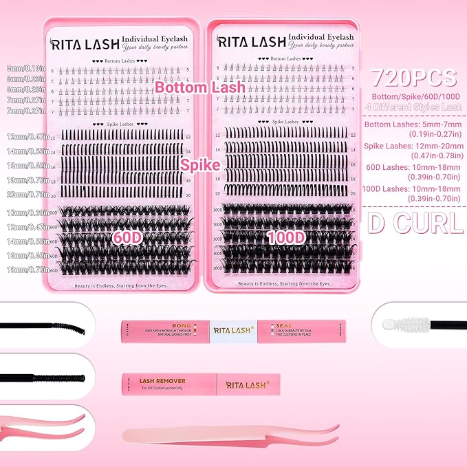 RITALASH Lash Extension Kit Cluster Lashes Kit+Bottom Lashes+Spikes Lash Clusters Eyelash Extensions with Lash Bond and Seal,Lash Remover,Lash Tweezers(60D 100D+Bottom Lashes+Spike Lash Kit)
