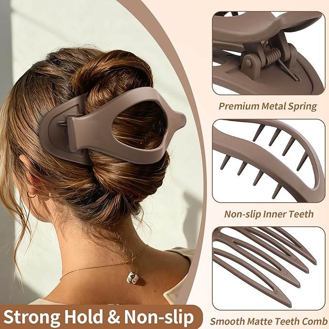 5.5 Inches Extra Large Flat Hair Clips for Women, 4 Pack XL Big Claw Clips for Thick Hair, Oversized Matte Strong Hold Non-slip Flat Claws, Brown
