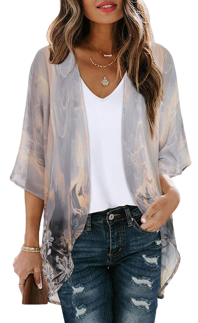 Women's Floral Print Puff Sleeve Kimono Cardigan Loose Cover Up Casual Blouse Tops (Grey Gold Floral,L)