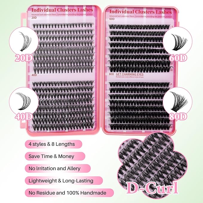 Lash Clusters Kit DIY Lash Extension Kit Cluster Lashes Mix 9-16mm Eyelash Extension Kit Individual Lashes with Lash Bond and Seal,Lash Tweezers,Mascara Brush(20D+40D+60D+80D Kit)