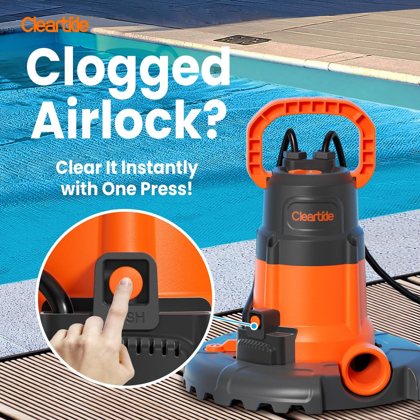 Cleartide Smart Automatic Pool Cover Pump, 1/4 HP 2160 GPH with Auto On/Off & Freeze Protection, Pump for Inground/Above Ground Winter Pool Covers, Dual Mode, 25ft Cord, 120V AC