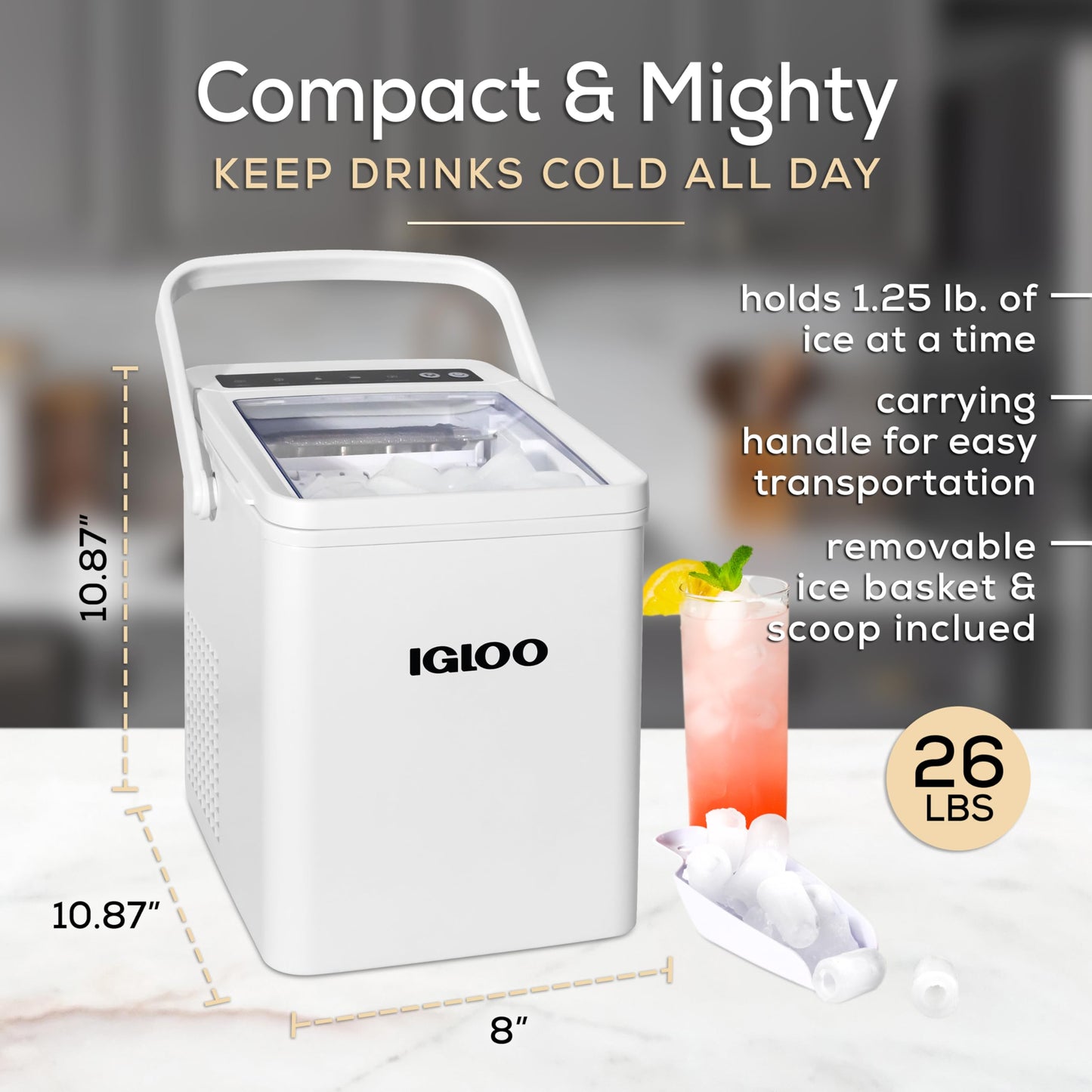 Igloo Automatic Ice Maker, Self- Cleaning, Countertop Size, 26 Pounds in 24 Hours, 9 Large or Small Ice Cubes in 7 Minutes, LED Control Panel, Scoop Included, Perfect for Water Bottles, Mixed Drinks