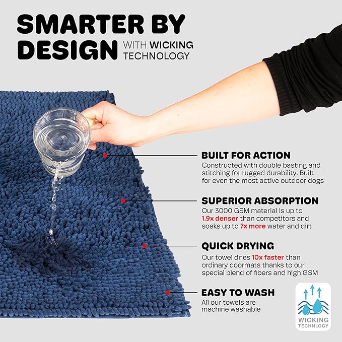 Dog Gone Smart Dirty Dog Doormat - Fast Drying Rug with Super Gripper Backing for Clean Floors - Super Absorbent and Machine Washable Mat for Muddy Paws - Bermuda Blue