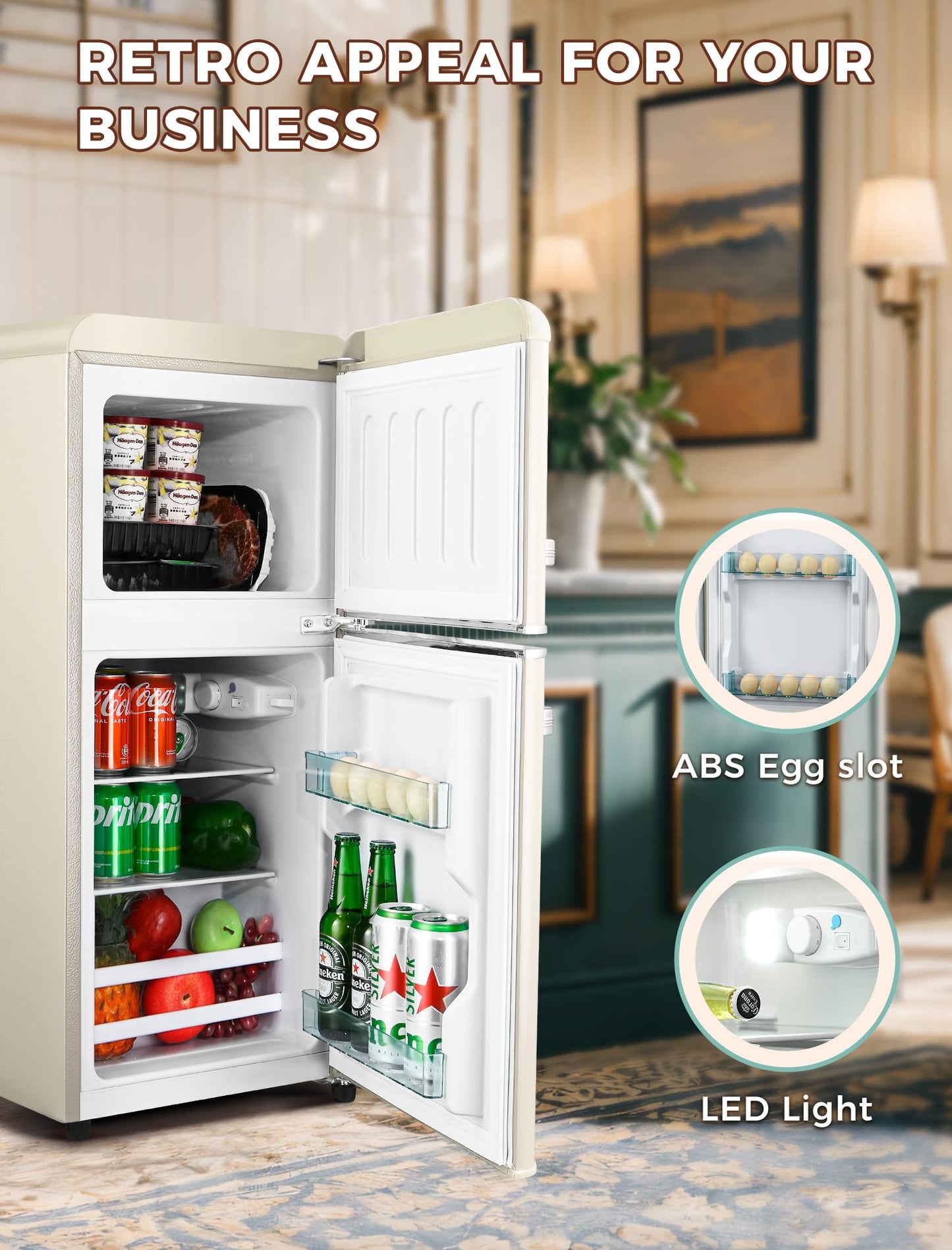 Anypro 3.2 Cu.Ft Refrigerator, Retro Double Door Fridge with Freezer, 7 Adjustable Temperature Settings, Low Noise, Removable Glass Shelves for Dorm, Office, Bedroom, Apartment, White