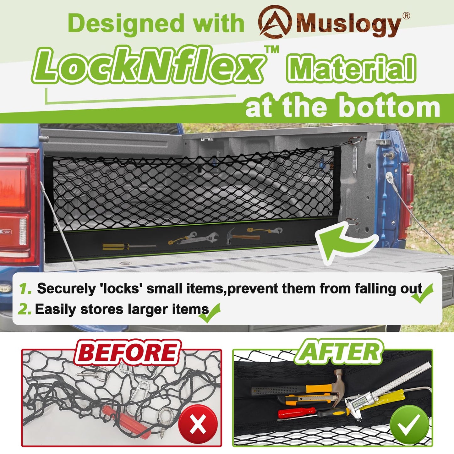 Muslogy Truck Bed Cargo Net Trunk Netting Compatible with Chevrolet Colorado & GMC Canyon 2026 2025 2024 2023 Accessories, Pickup Cargo Organizer SUV Sedan Storage Net w/Heavy Duty Carabiners