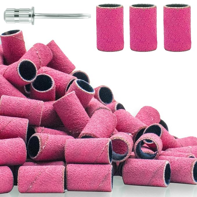 180Grit Nail Sanding Bands for Nail Drill, Pink Sanding Band for Nail Drill Fine Sanding Bands for Nail Drill with 3/32Ã¢ÂÂ Nail Sanding Bit for Natural Nail, 100Pcs Sand Band Set for Manicure & Pedicure