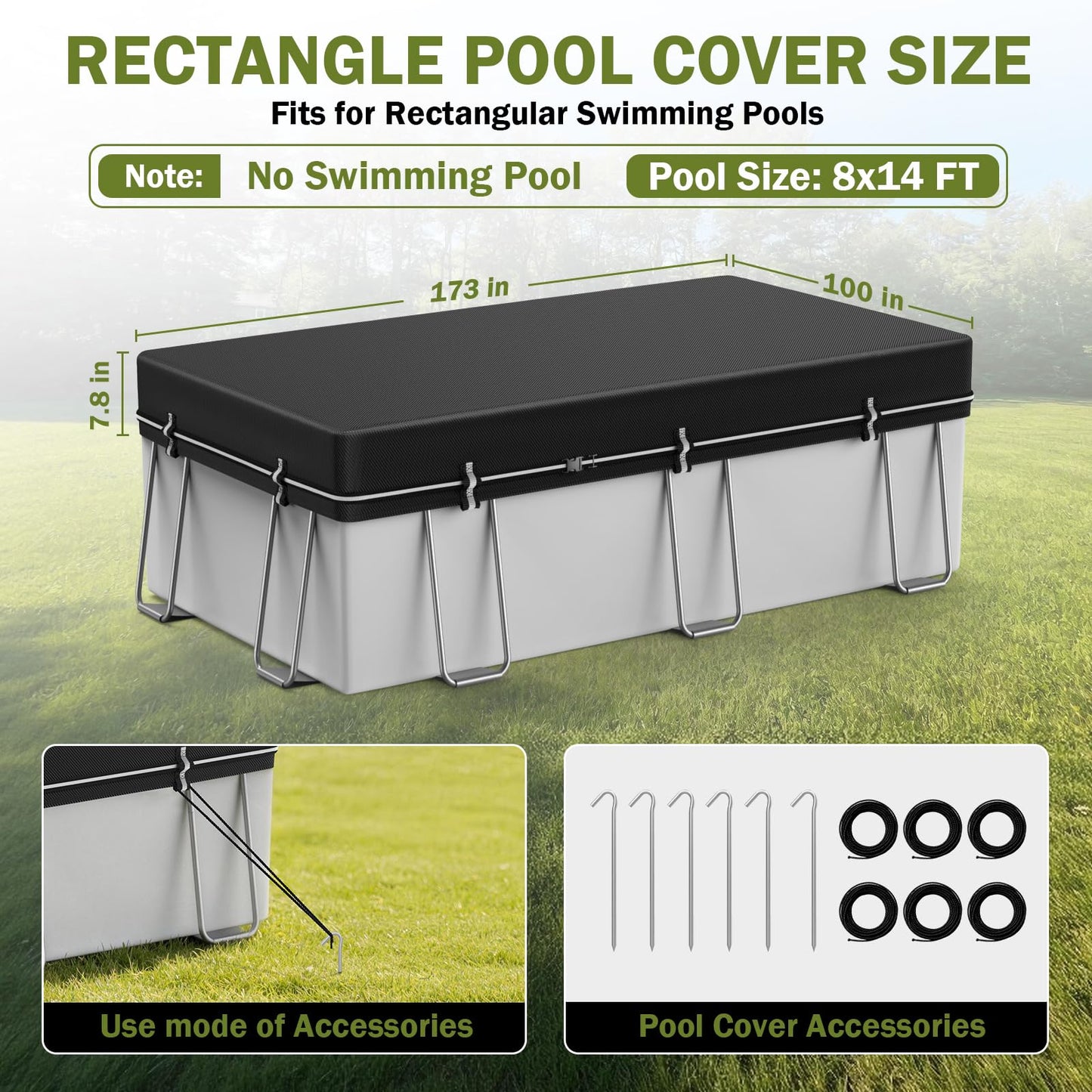 8x14Ft Rectangular Pool Cover, Swimming Pool Cover for Above Ground Pool, Solar Cover Including Full-Circle Windproof Buckle, Winter Cover Ideal for Waterproof and Dustproof