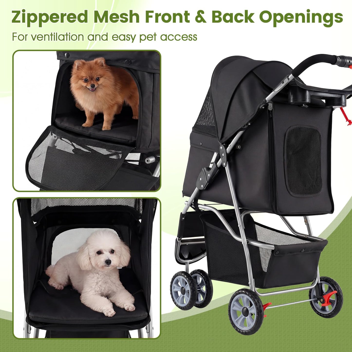 PETSITE 3-Wheel Pet Stroller, Foldable Dog Strollers for Small Dogs with Breathable Mesh, Waterproof Cover, All-Terrain Wheels, Cup Holder, and Storage Basket, Ideal for Dogs Cats up to 33 lbs (Black)